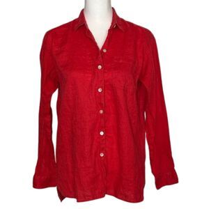 J. Jill Love Linen Button Down Blouse Top Collard Womens XS Beachy Boho Red